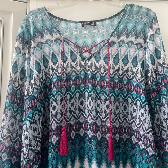 PAPERMOON Howell Tie Neck Blouse, Size Medium, Turquoise Ikat - Picture 4 of 10